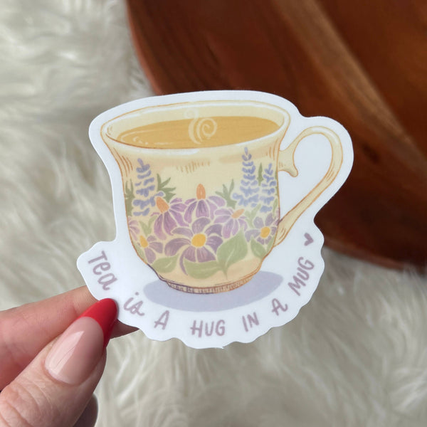 "Tea is a hug in a mug" Cute Floral Cup Sticker